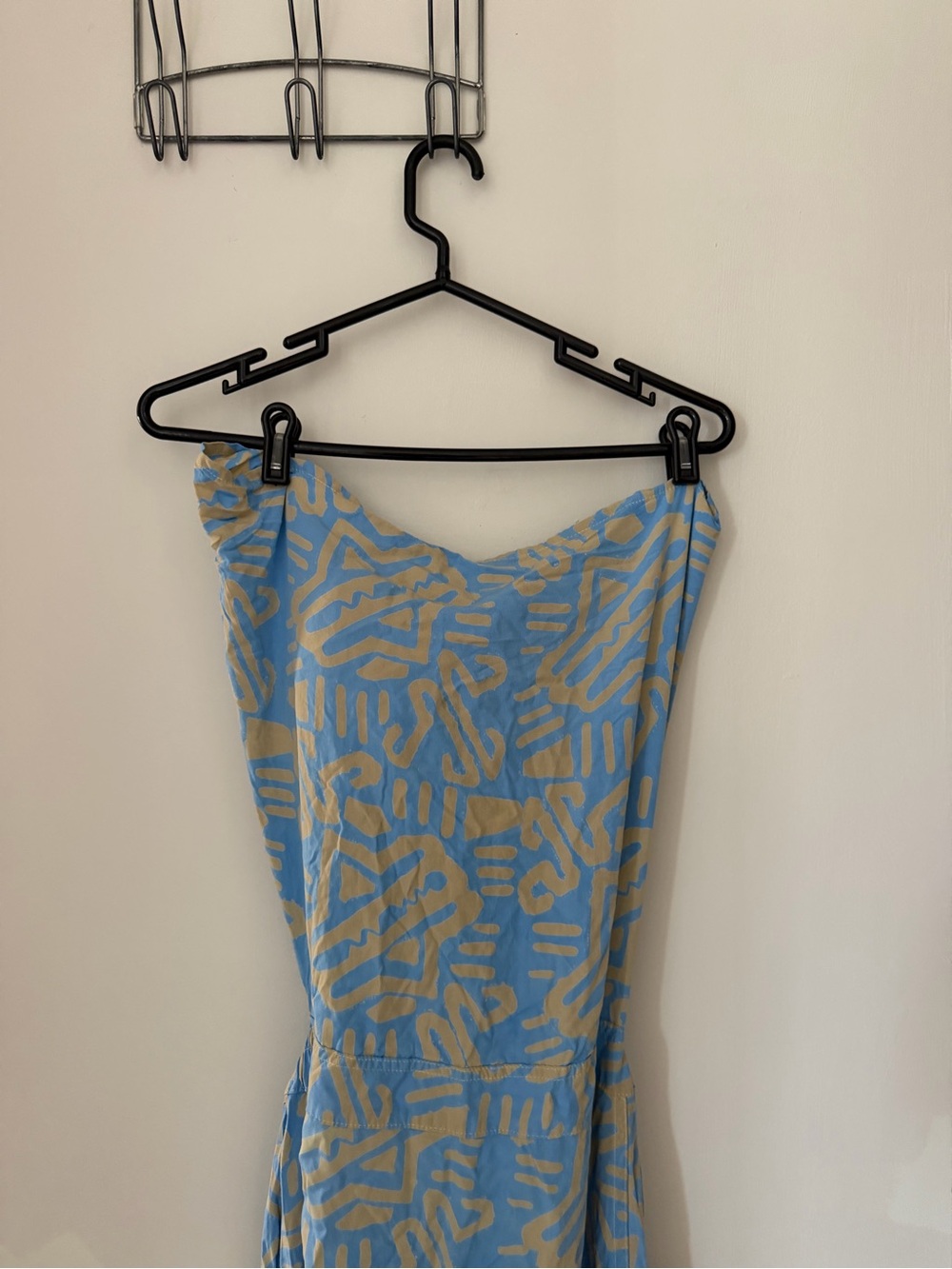 Strapless Blue Maxi Dress with Tan Abstract Print